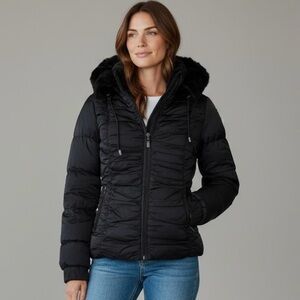 1 Madison Down Filled Black Puffer Coat Faux Fur Collar | Size M | EUC